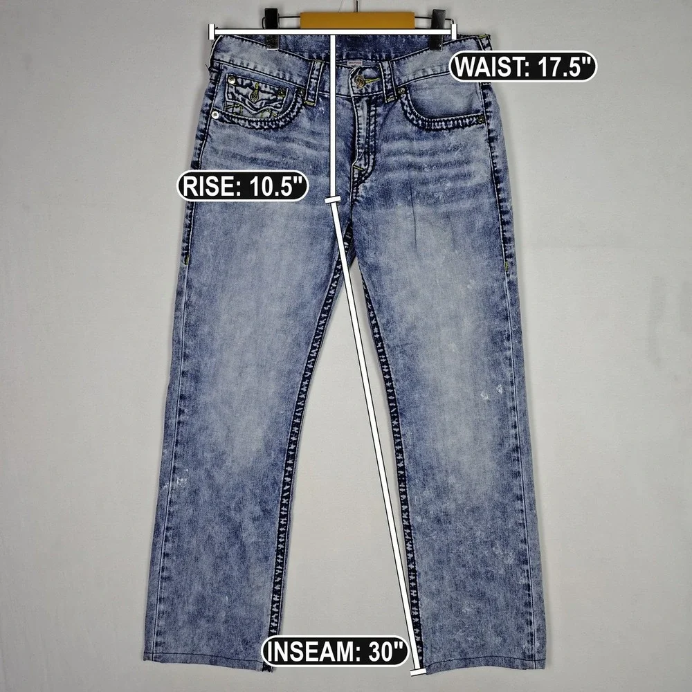 True Religion Straight Leg Jeans Acid Wash Blue Cotton Mens 34 RN112790 CA57414